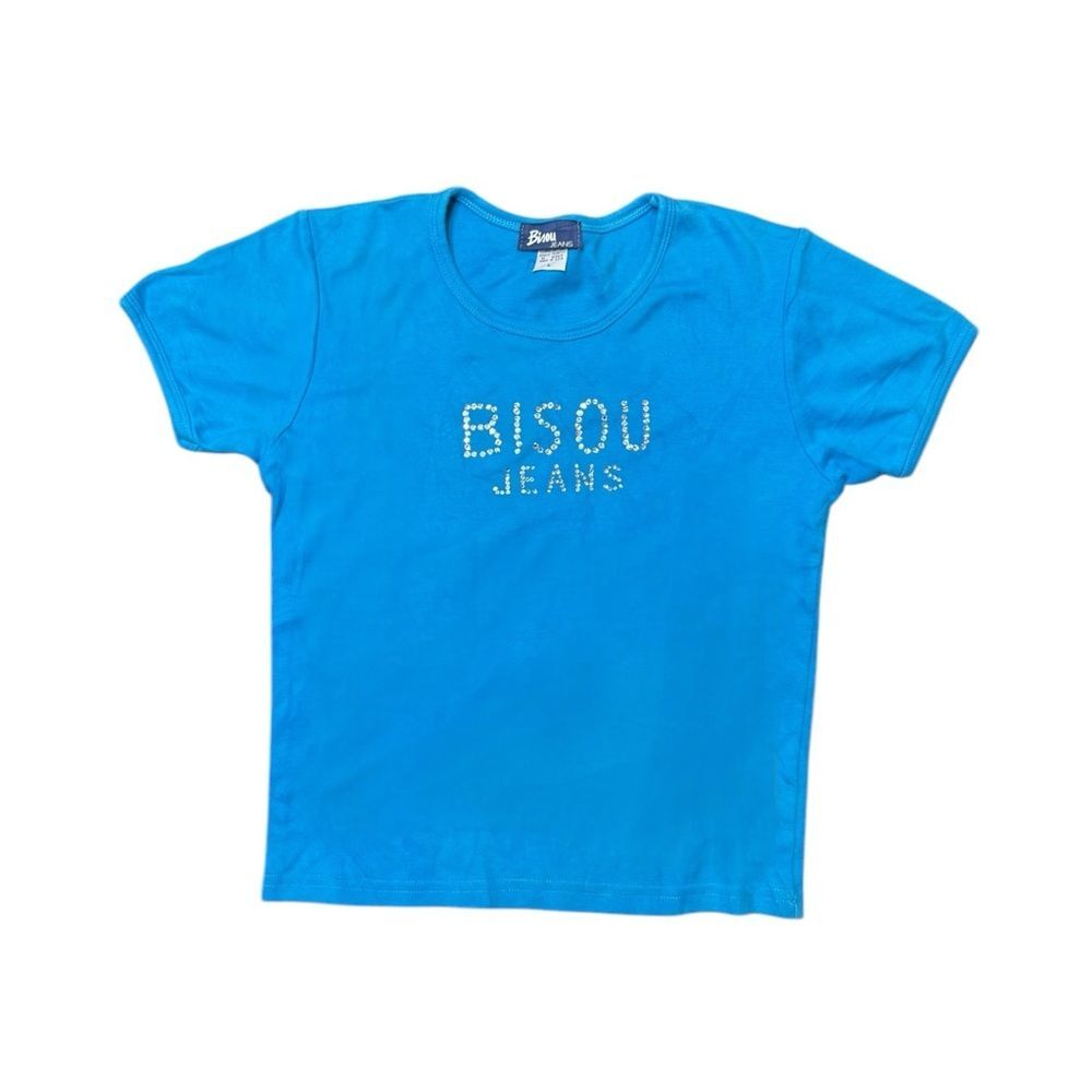 Y2K Bisou Bisou Cobalt Blue McBling Rhinestone Baby Tee Size Large